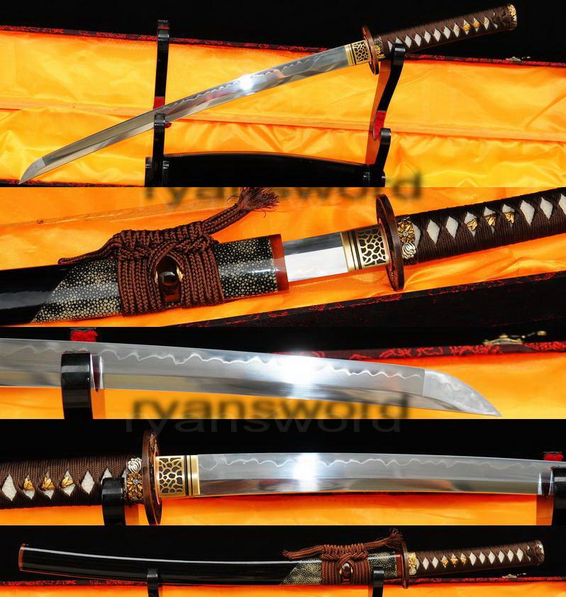 High Quality Clay Tempered 1095 Carbon Steel Ray Skin Saya Japanese Samurai Wakizashi Sword